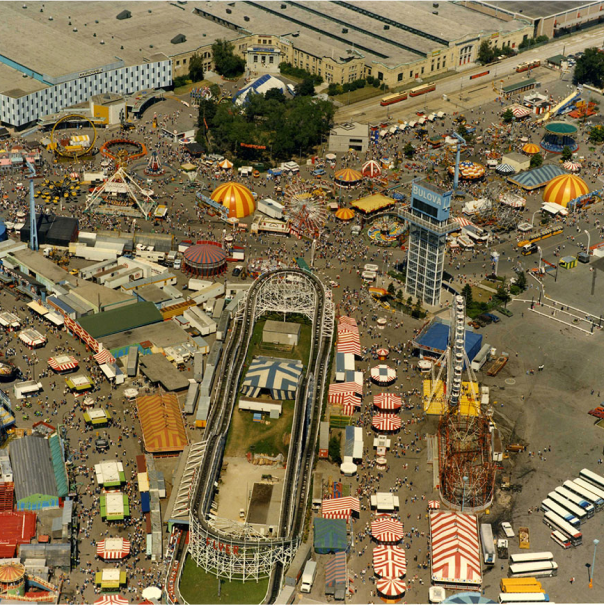 Aerial view of the CNE midway during the day.